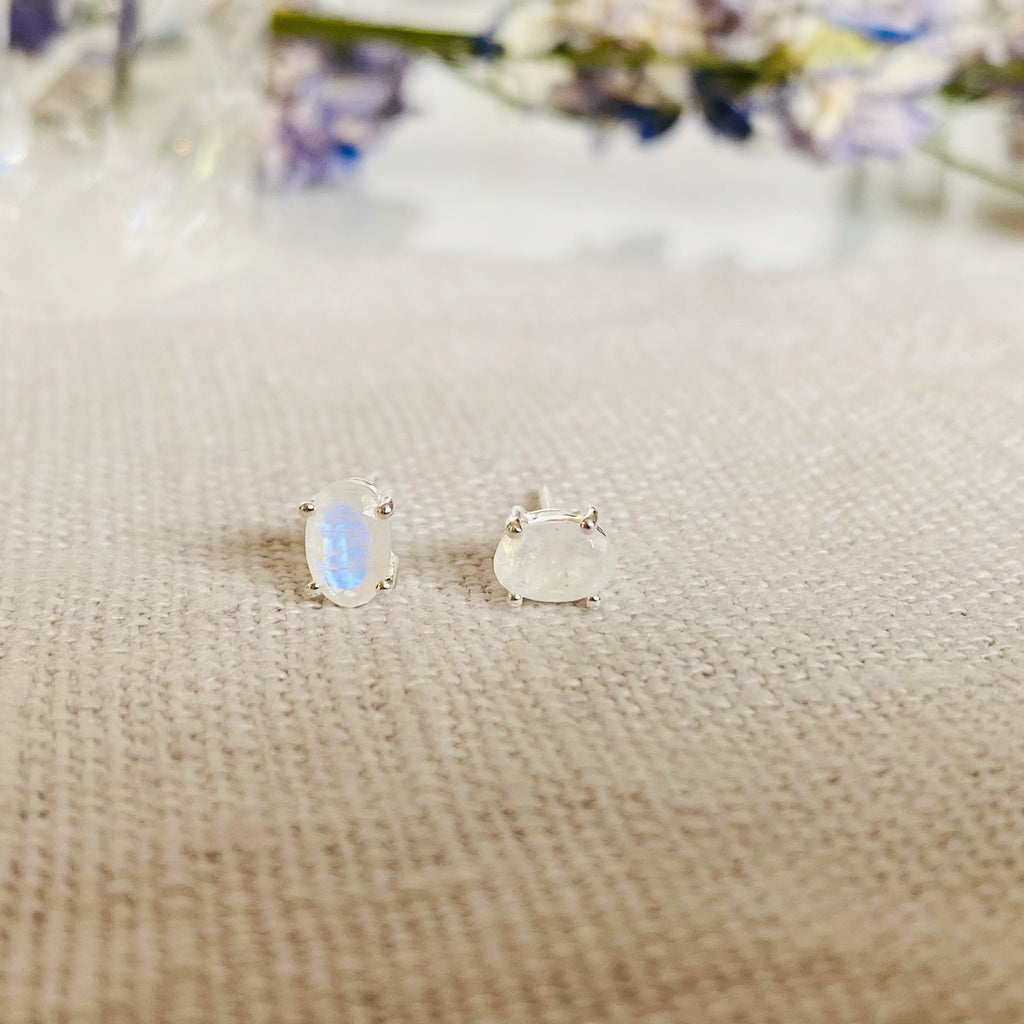 Rainbow Moonstone Sterling Silver Stud Earrings 