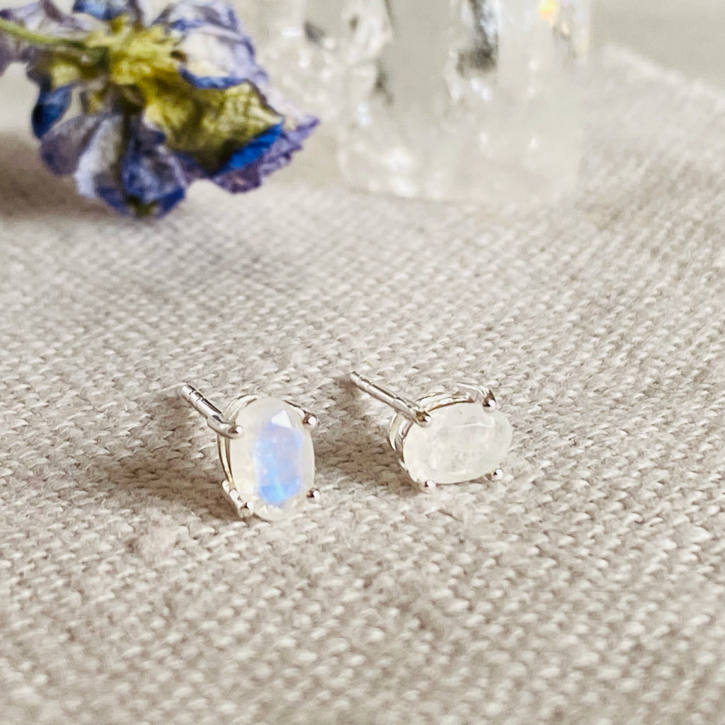 Rainbow Moonstone Sterling Silver Stud Earrings 
