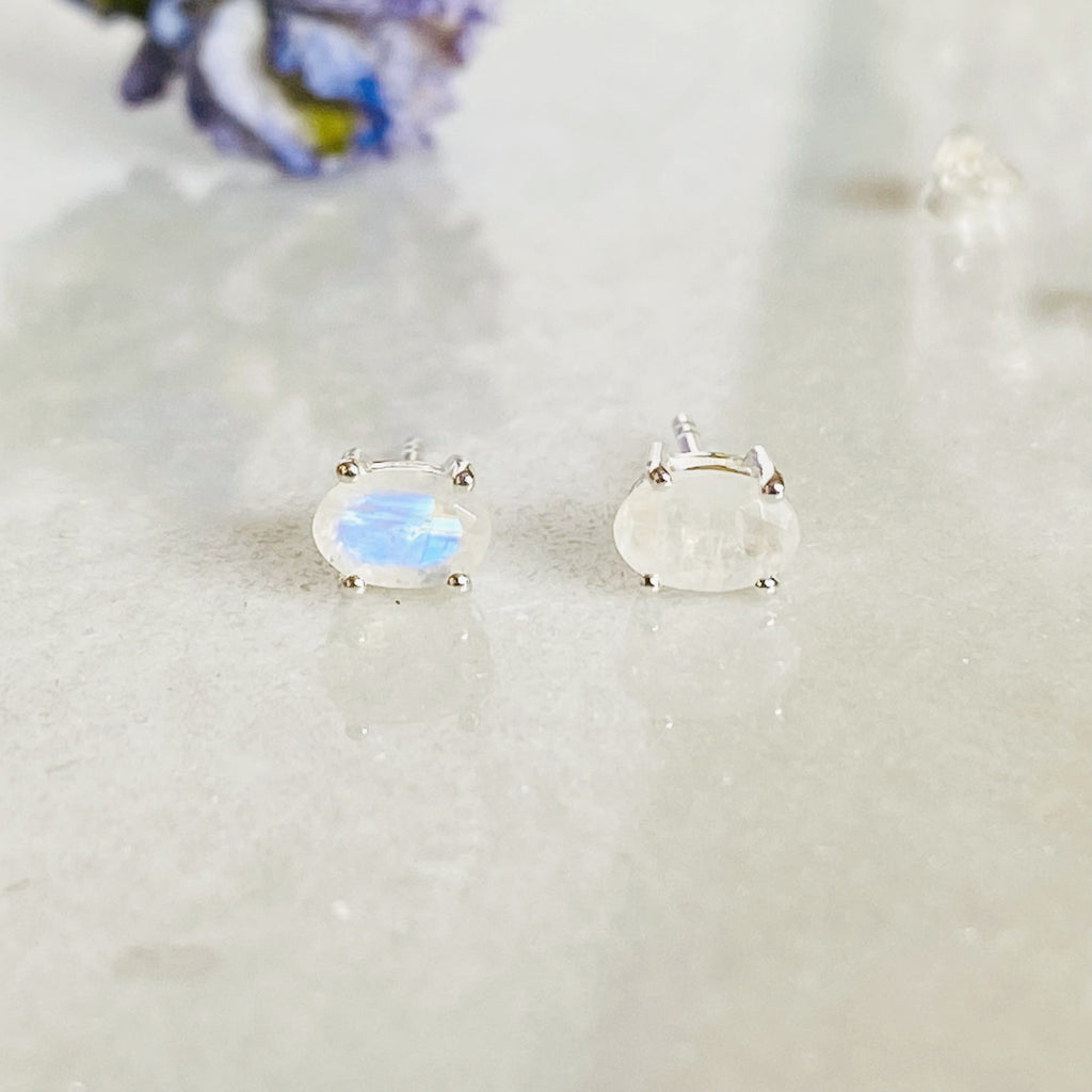 Rainbow Moonstone Sterling Silver Stud Earrings 