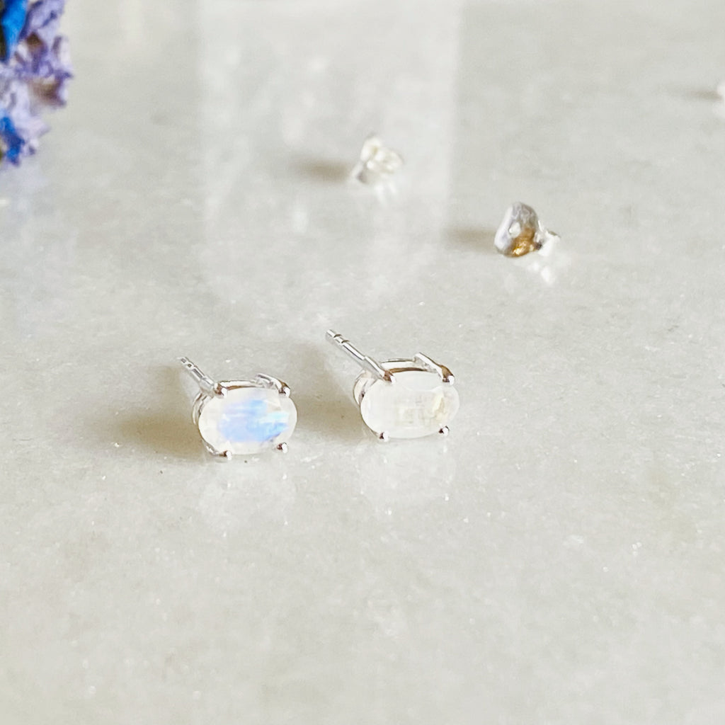 Rainbow Moonstone Sterling Silver Stud Earrings 