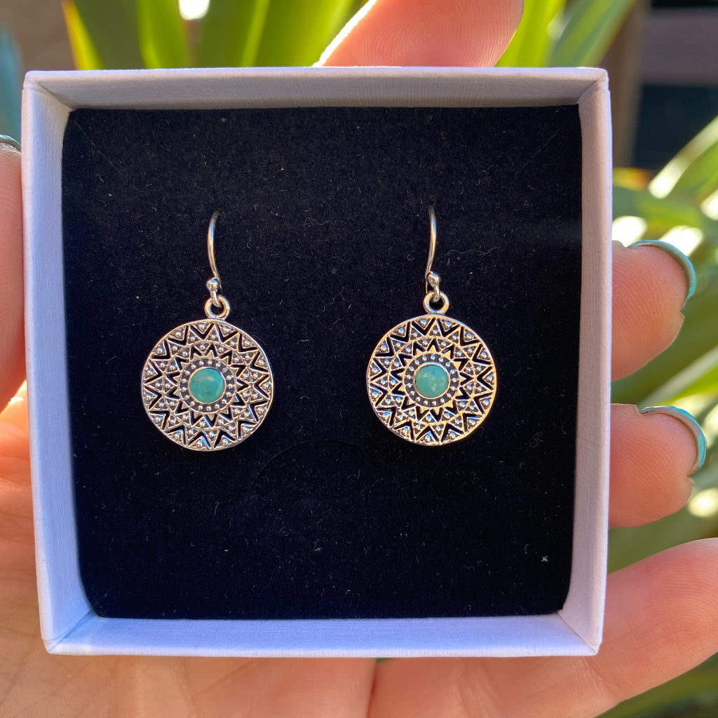 Boho Turquoise Disc Silver Earrings | Sterling Silver Bohemian Jewellery