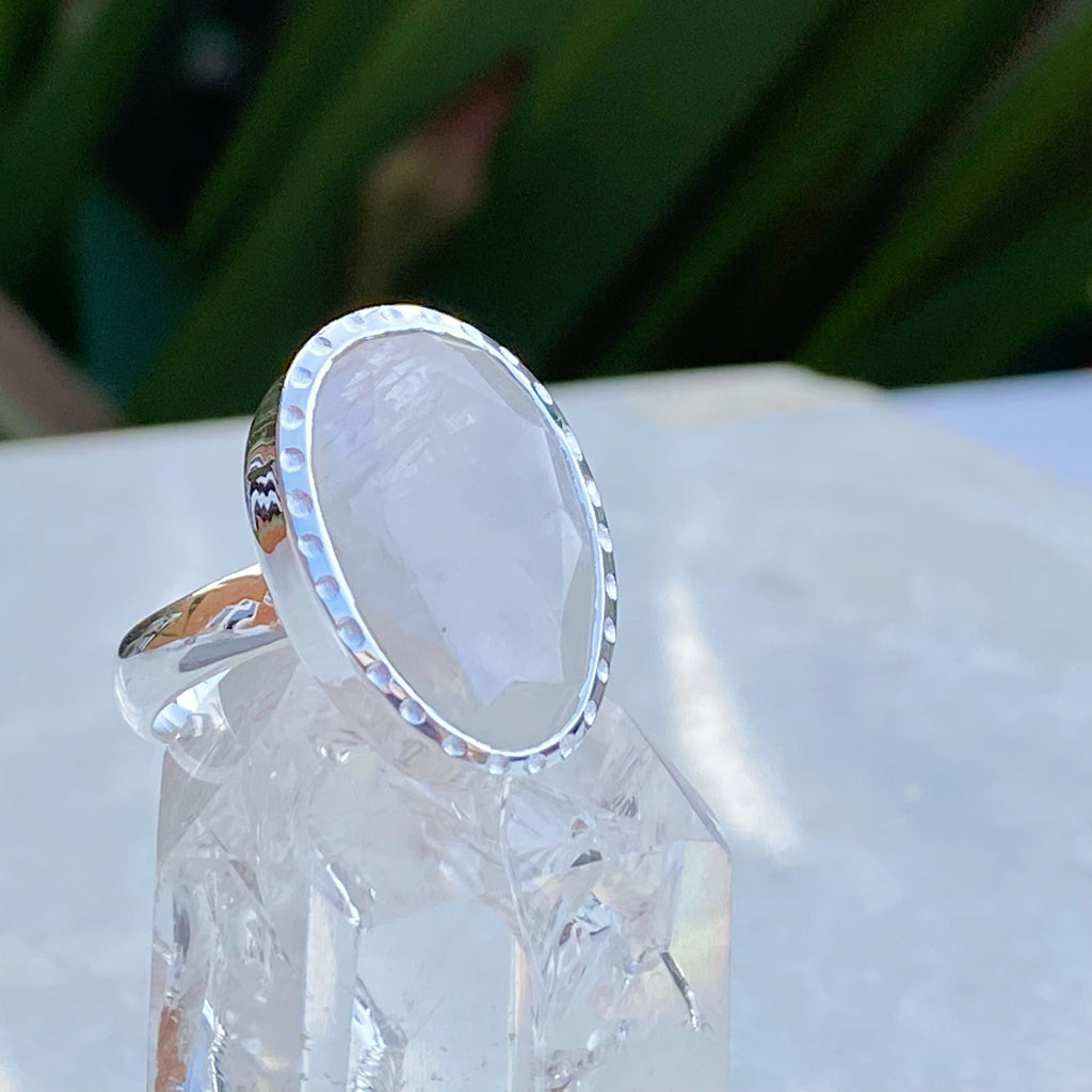 Rainbow Moonstone Halo Silver Ring