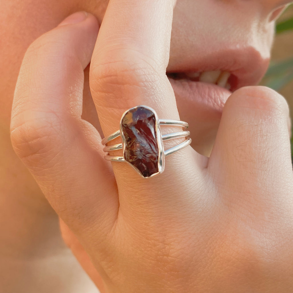 Raw Garnet Sterling Silver Ring | Handmade Raw Gemstone Rings