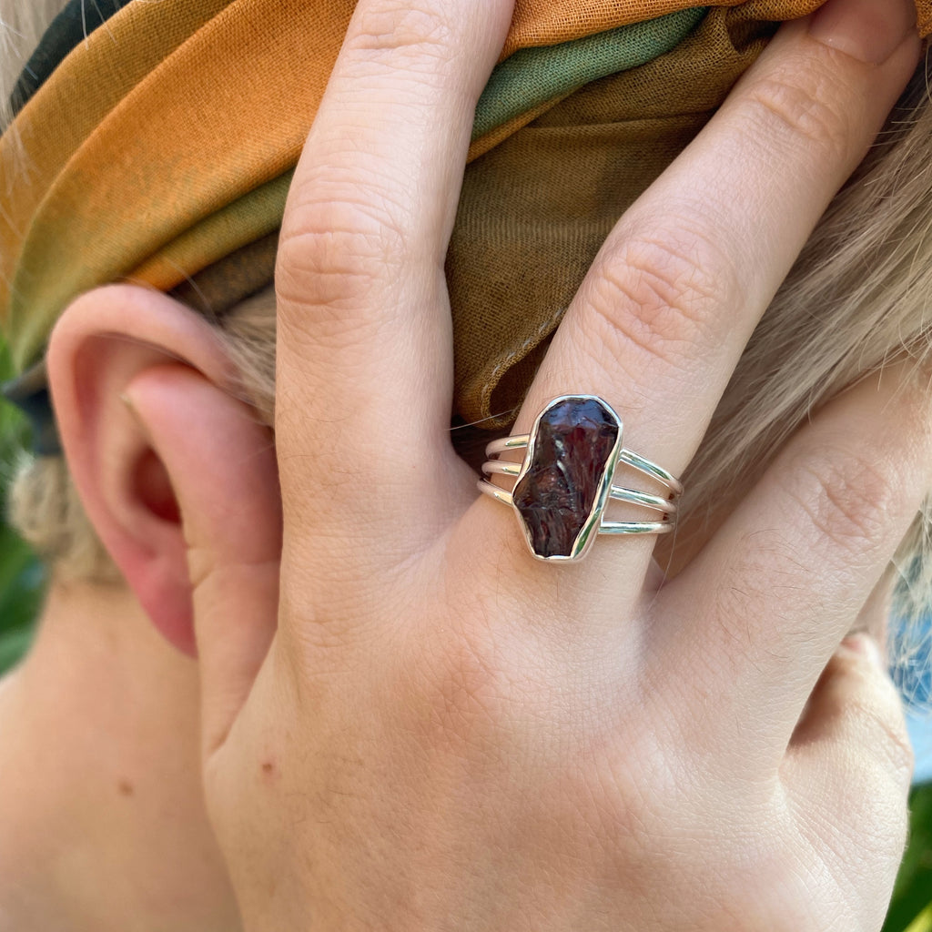 Raw Garnet Sterling Silver Ring | Handmade Raw Gemstone Rings