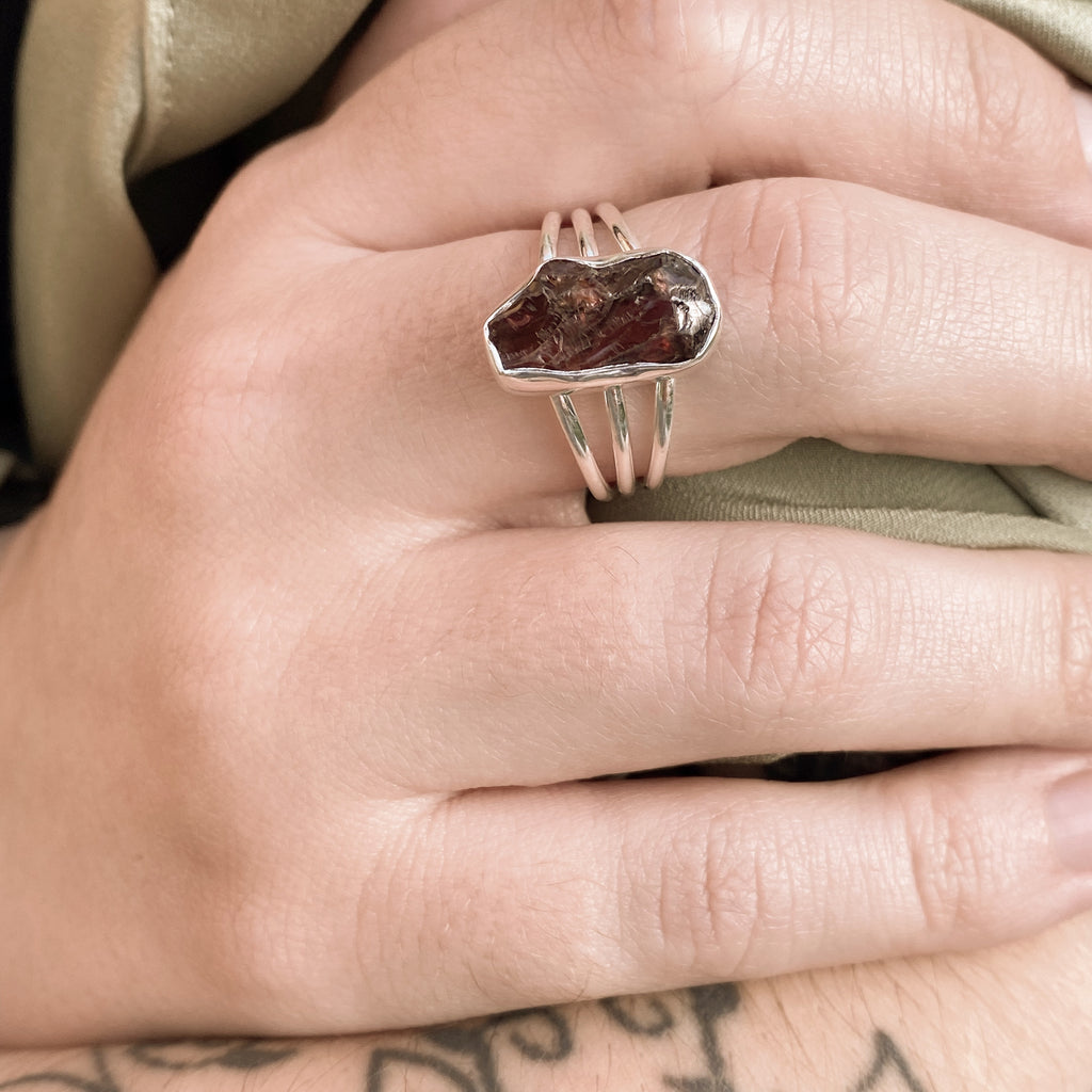 Raw Garnet Sterling Silver Ring | Handmade Raw Gemstone Rings