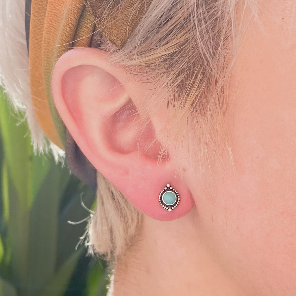 Bali Inspired Turquoise Round Stud Earrings | Sterling Silver Turquoise