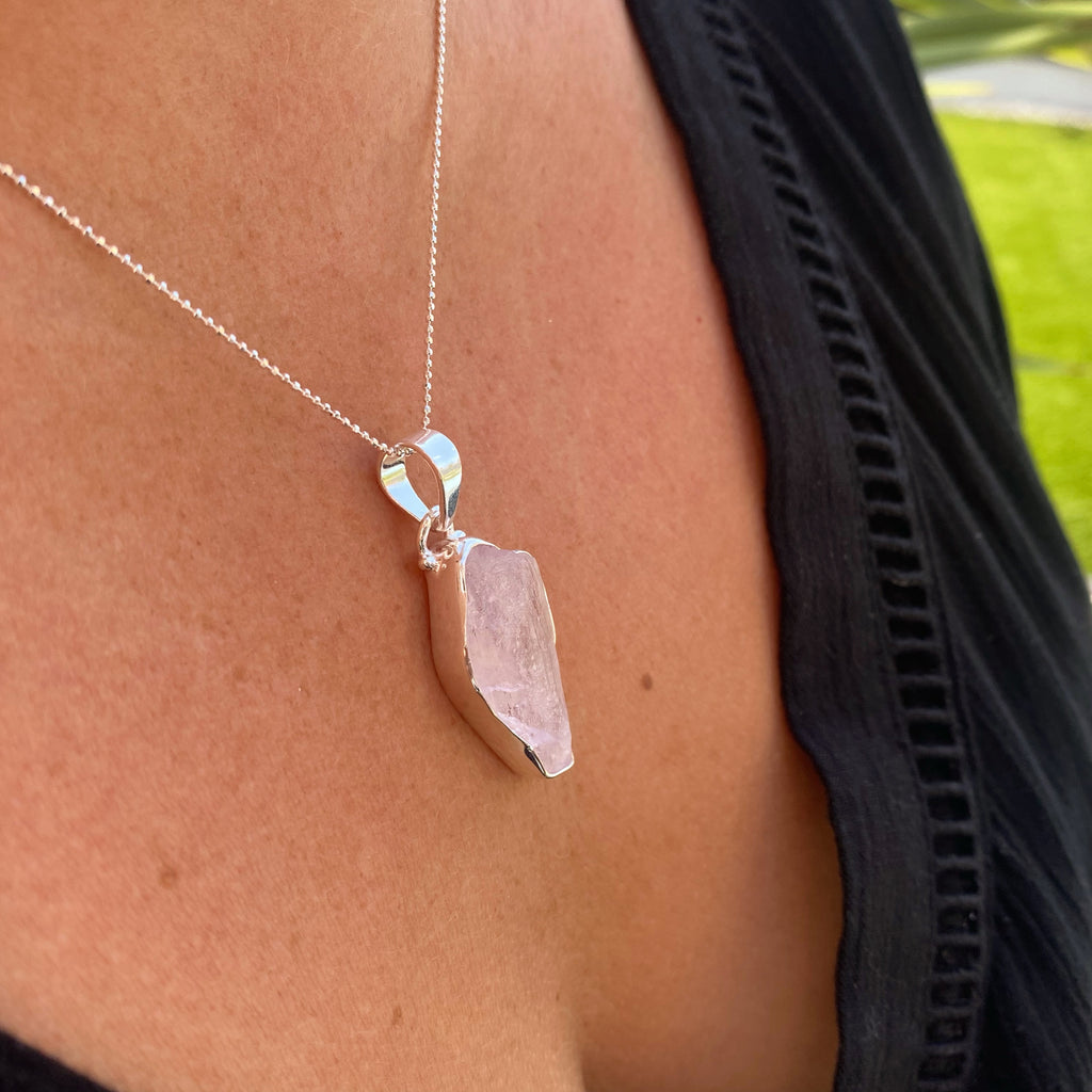 Uncut Kunzite Pendant Necklace | Rose Quartz Roughcut Gemstone Necklace