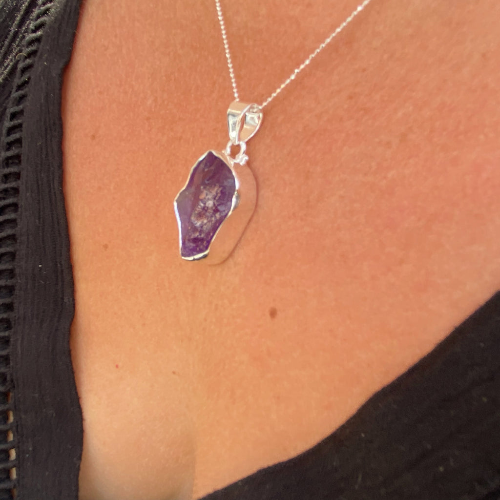 Raw Amethyst Necklace | Roughcut Gemstone Silver Necklace