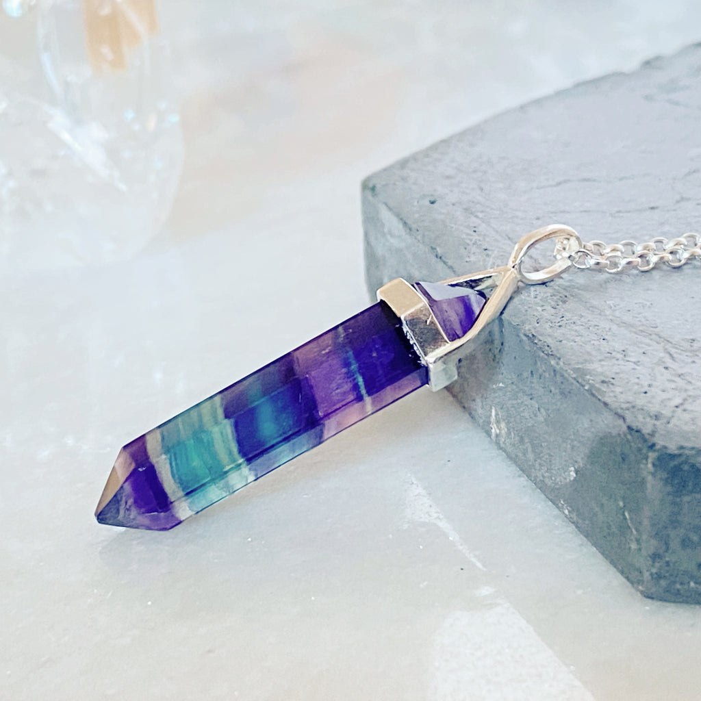 Consciousness Healing Crystal Necklace, Fluorite Silver Point Necklace