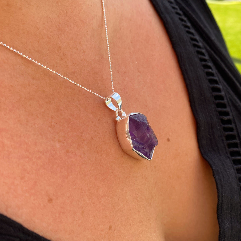 Raw Amethyst Necklace | Roughcut Gemstone Silver Necklace