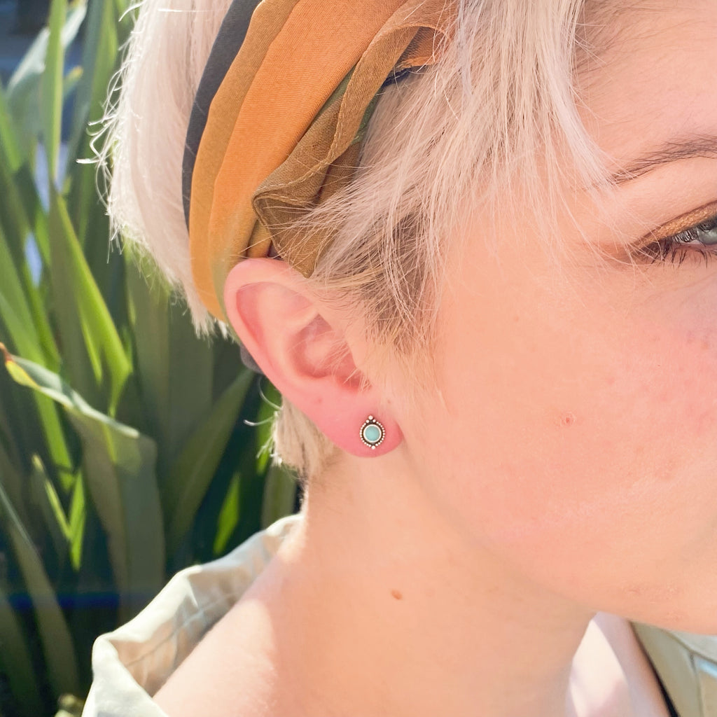 Bali Inspired Turquoise Round Stud Earrings | Sterling Silver Turquoise