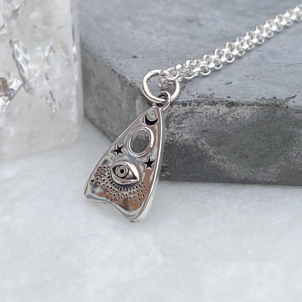 Silver Ouija Planchette Charm Necklace with All -Seeing Eye 