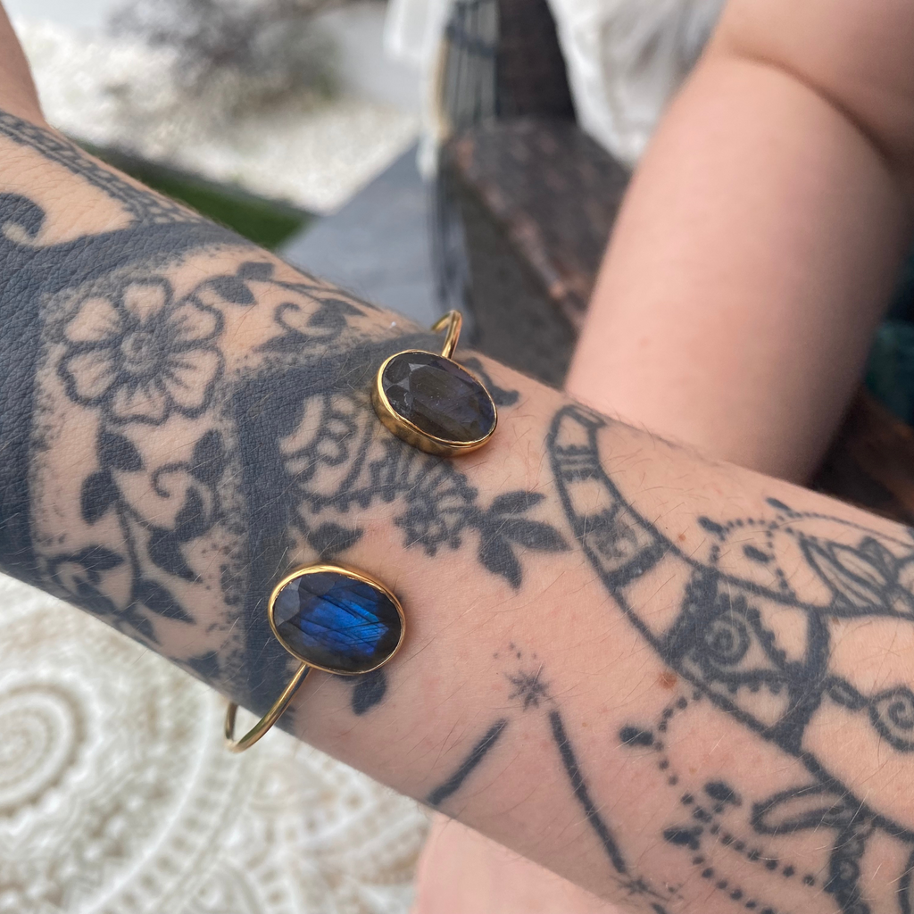 14K Gold Vermeil Labradorite Gemstone Cuff Bracelet