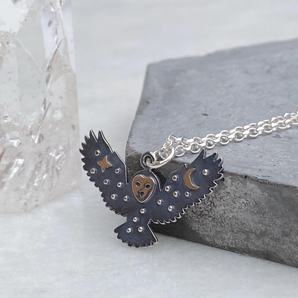 Sterling Silver Owl Charm Necklace with Bronze Star and Moon