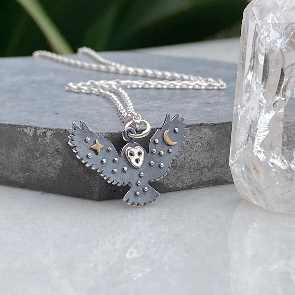 Sterling Silver Owl Charm Necklace with Bronze Star and Moon