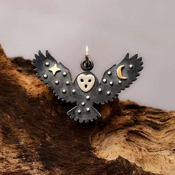 Sterling Silver Owl Charm Necklace with Bronze Star and Moon