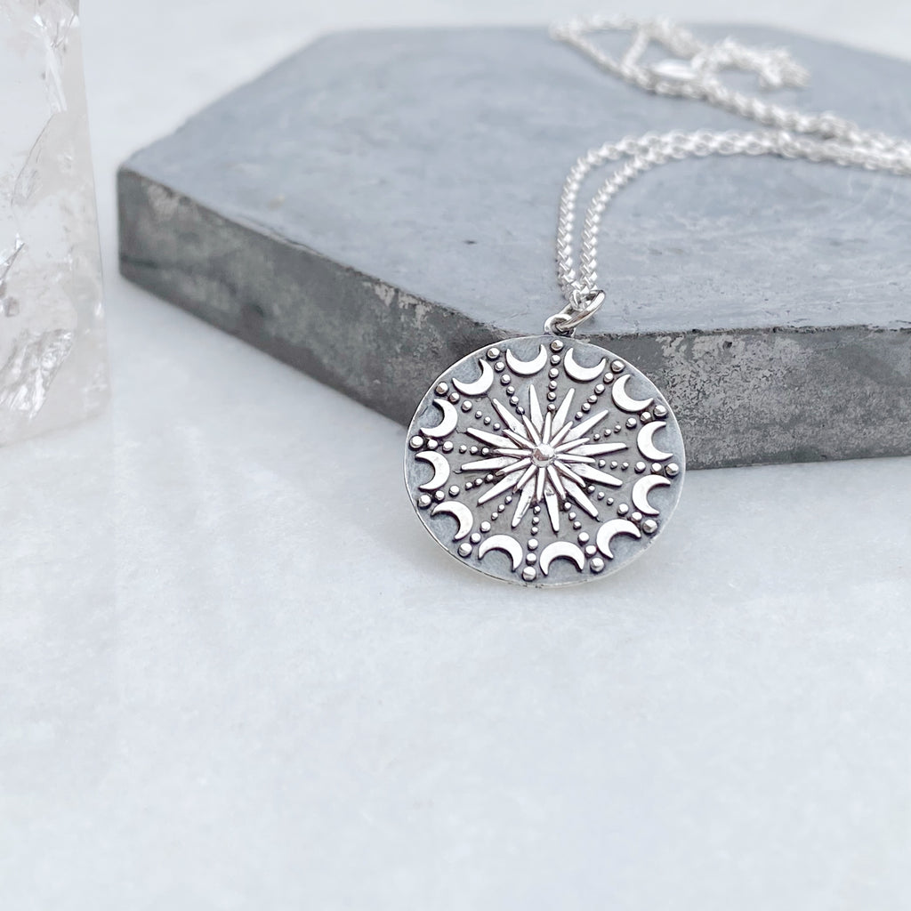 Sterling Silver Sun and Moon Mandala Pendant Necklace 