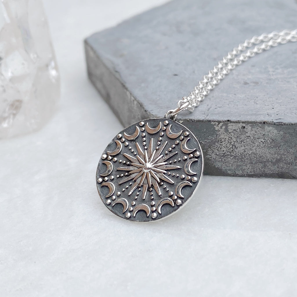 Sterling Silver Sun and Moon Mandala Pendant Necklace Sterling Silver Sun and Moon Mandala Pendant Necklace 
