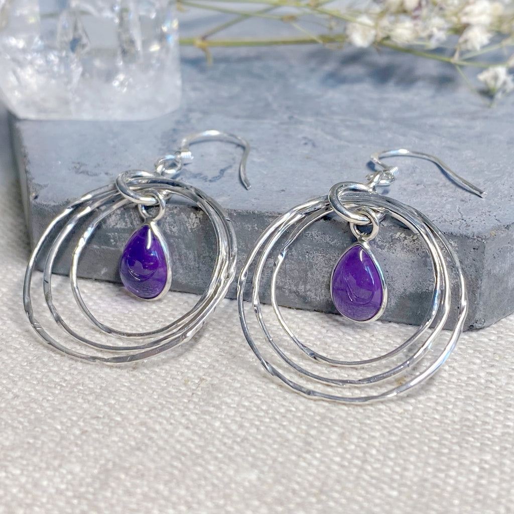 Eleri Teardrop Gemstone Hoop Earrings -Amethyst - Silver Earrings