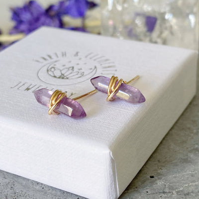 Amethyst Crystal Gemstone Gold Wrap Earrings