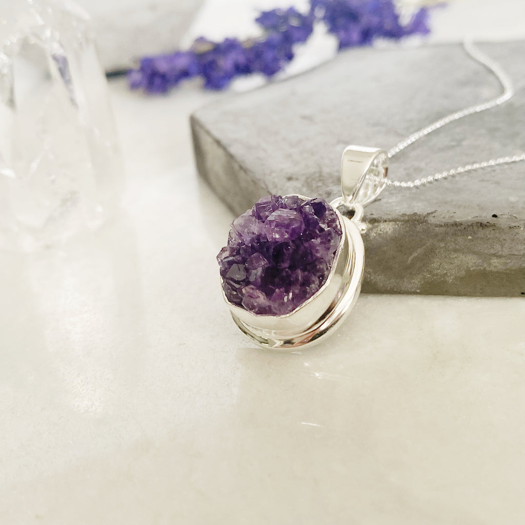 Amethyst Crystal Cluster Silver Necklace | Crystal Jewellery