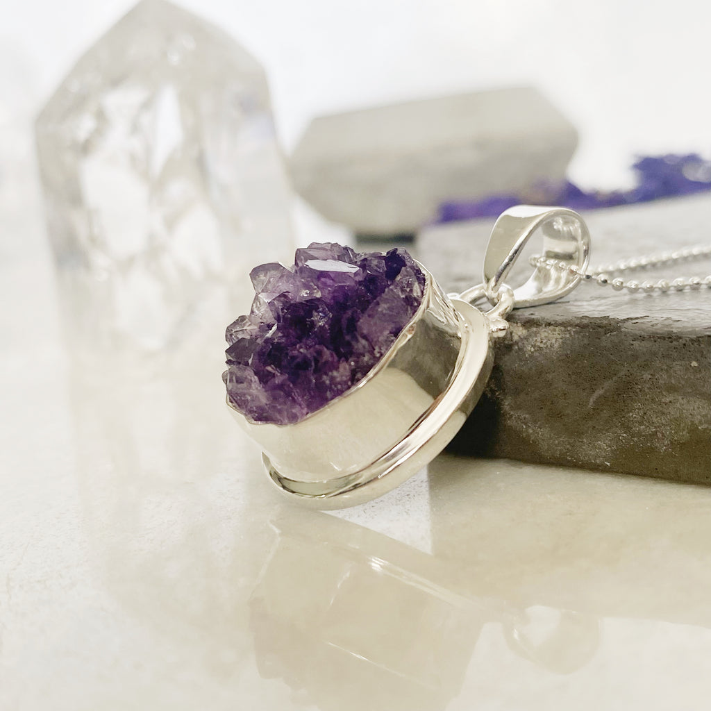 Amethyst Crystal Cluster Silver Necklace | Crystal Jewellery