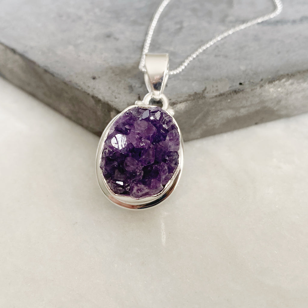 Amethyst Crystal Cluster Silver Necklace | Crystal Jewellery