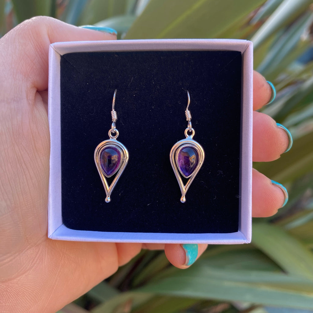 Amethyst Gemstone Teardrop Earrings | Handmade silver Earrings