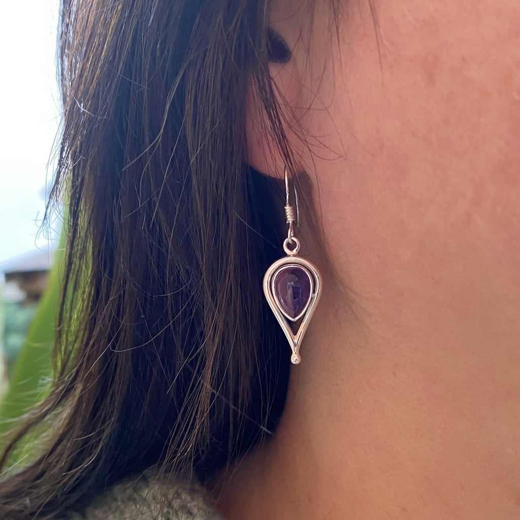 Sterling silver Gemstone Drop earrings | AMETHYST gemstone earrings | silver hoop earrings | Purple earrings | Long Silver Earrings
