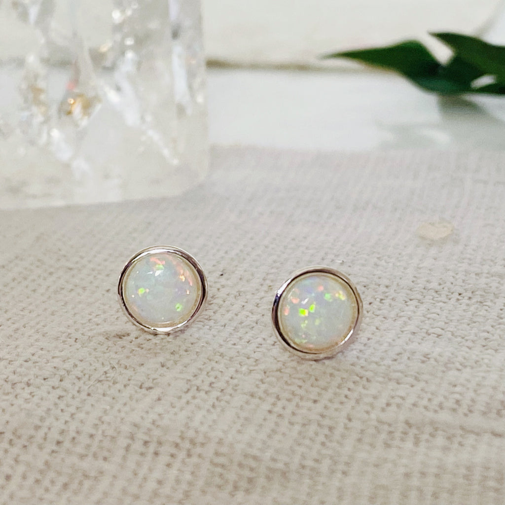 White Flash Opal Stud Earrings | Silver Opal Earrings