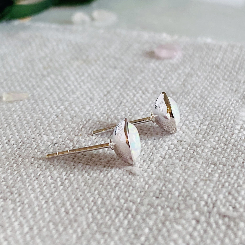 White Flash Opal Stud Earrings | Silver Opal Earrings