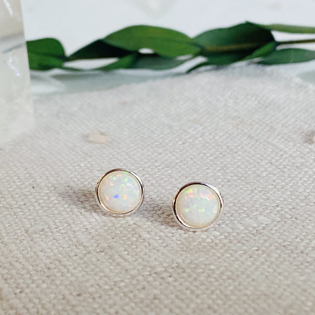 White Flash Opal Stud Earrings | Silver Opal Earrings