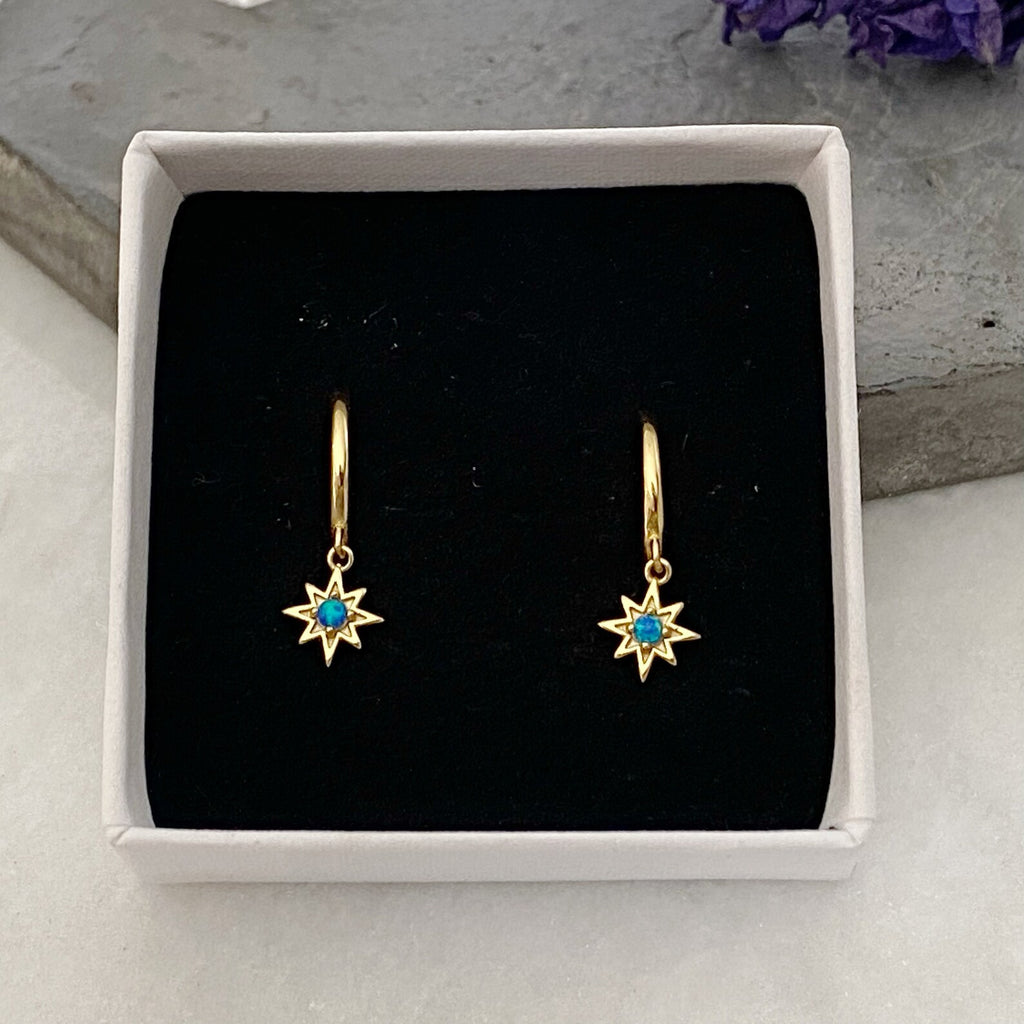 Gold Opal Star Huggie Hoops -Blue