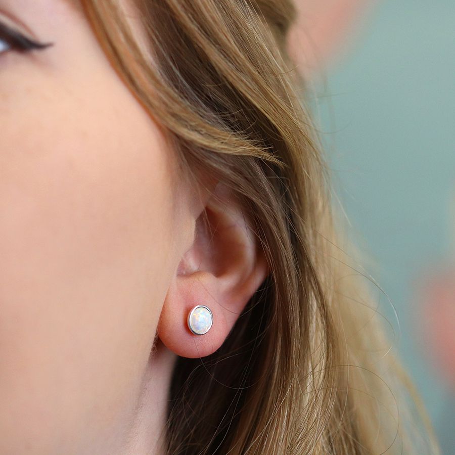 White Flash Opal Stud Earrings | Silver Opal Earrings