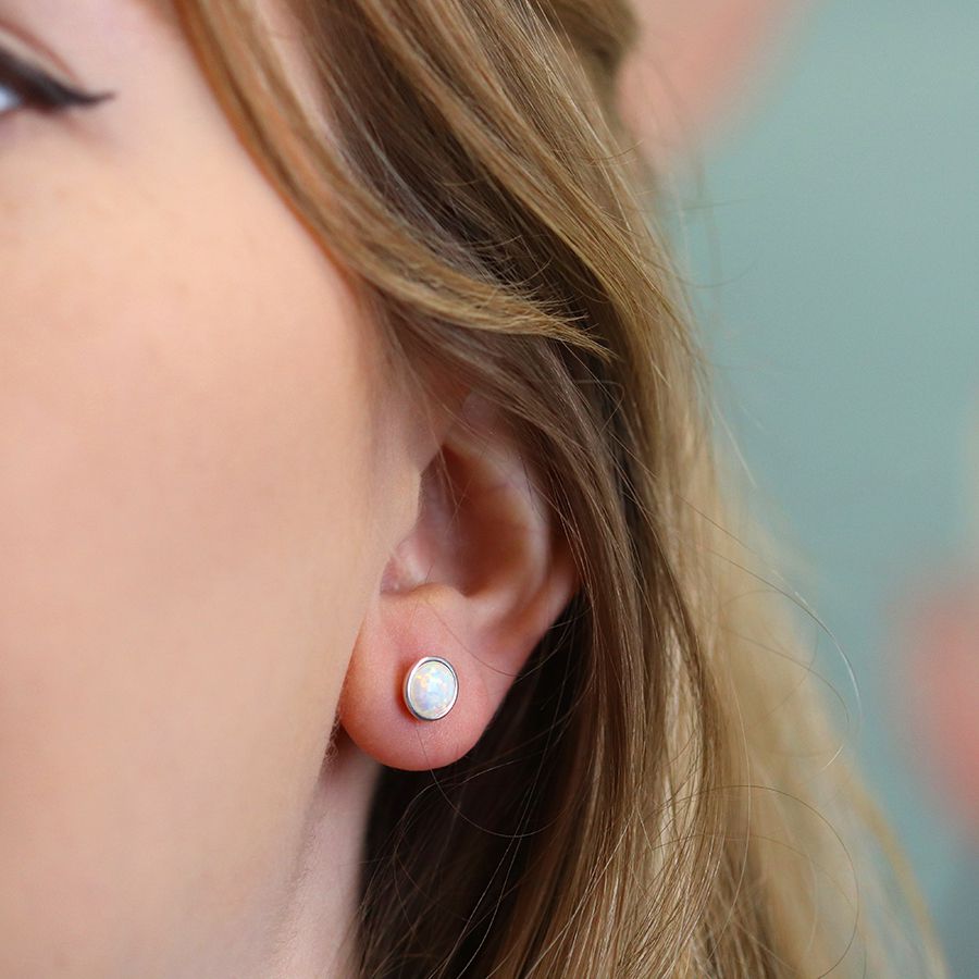 White Flash Opal Stud Earrings | Silver Opal Earrings