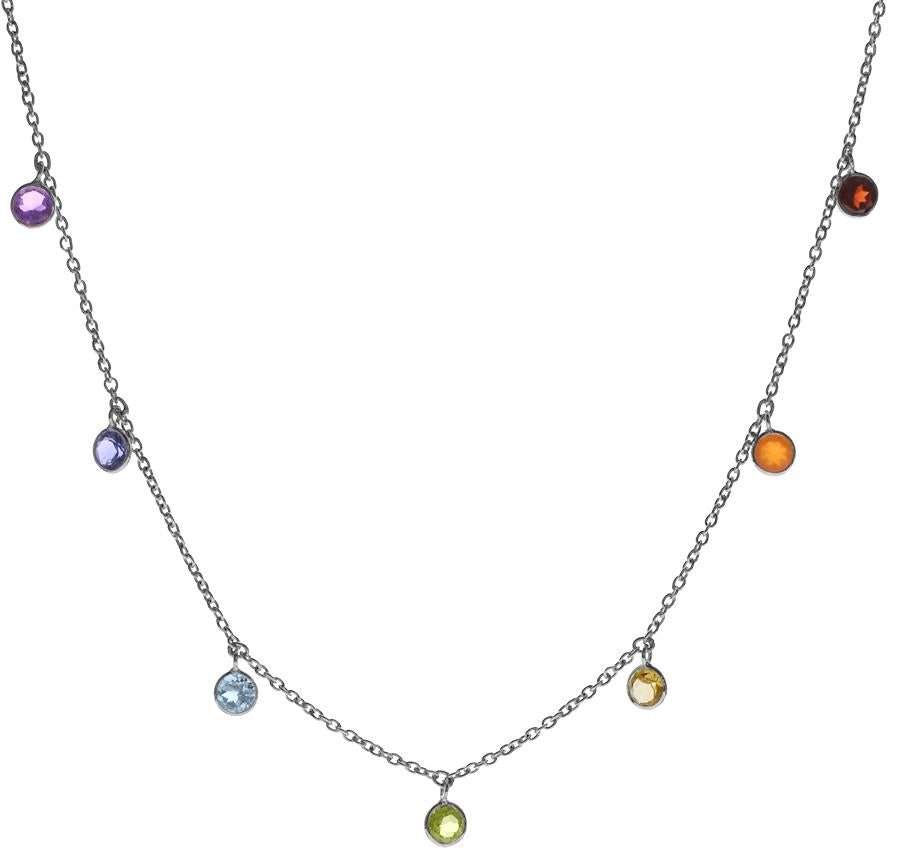 Silver Chakra Gemstone Droplet Necklace -Silver Choker Necklaces 