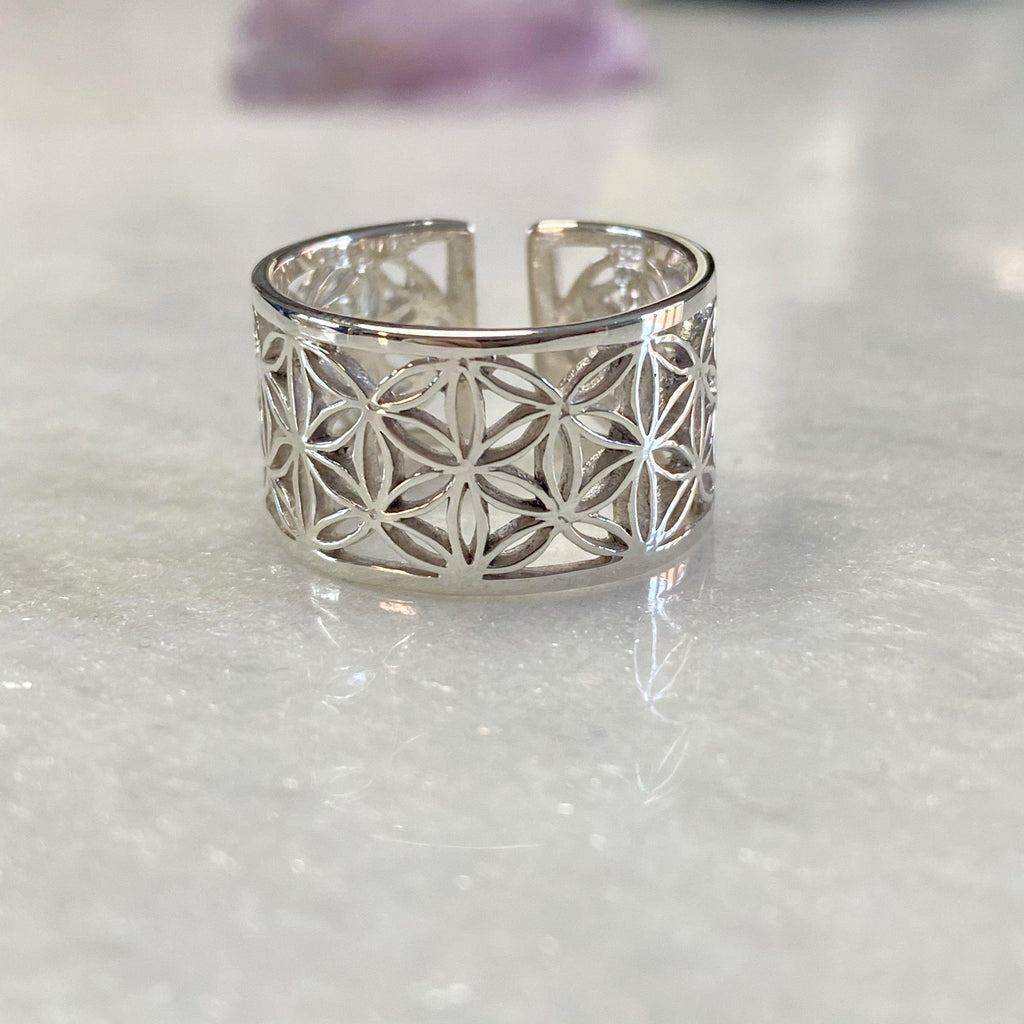Flower Of Life Adjustable Silver Ring