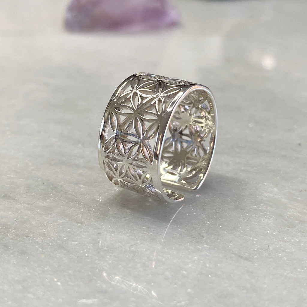 Flower Of Life Adjustable Silver Ring