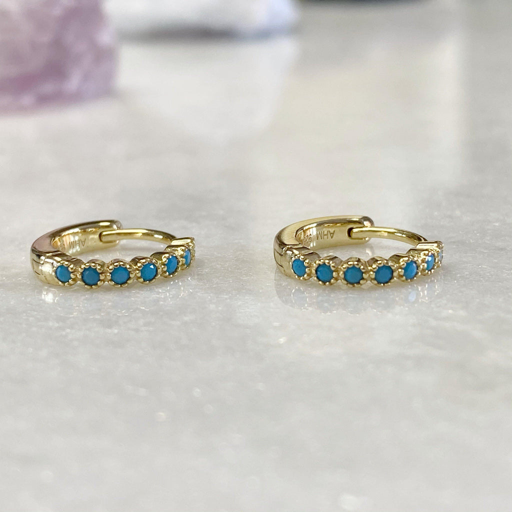 Gold Huggie Hoop Earrings With Turquoise Stones