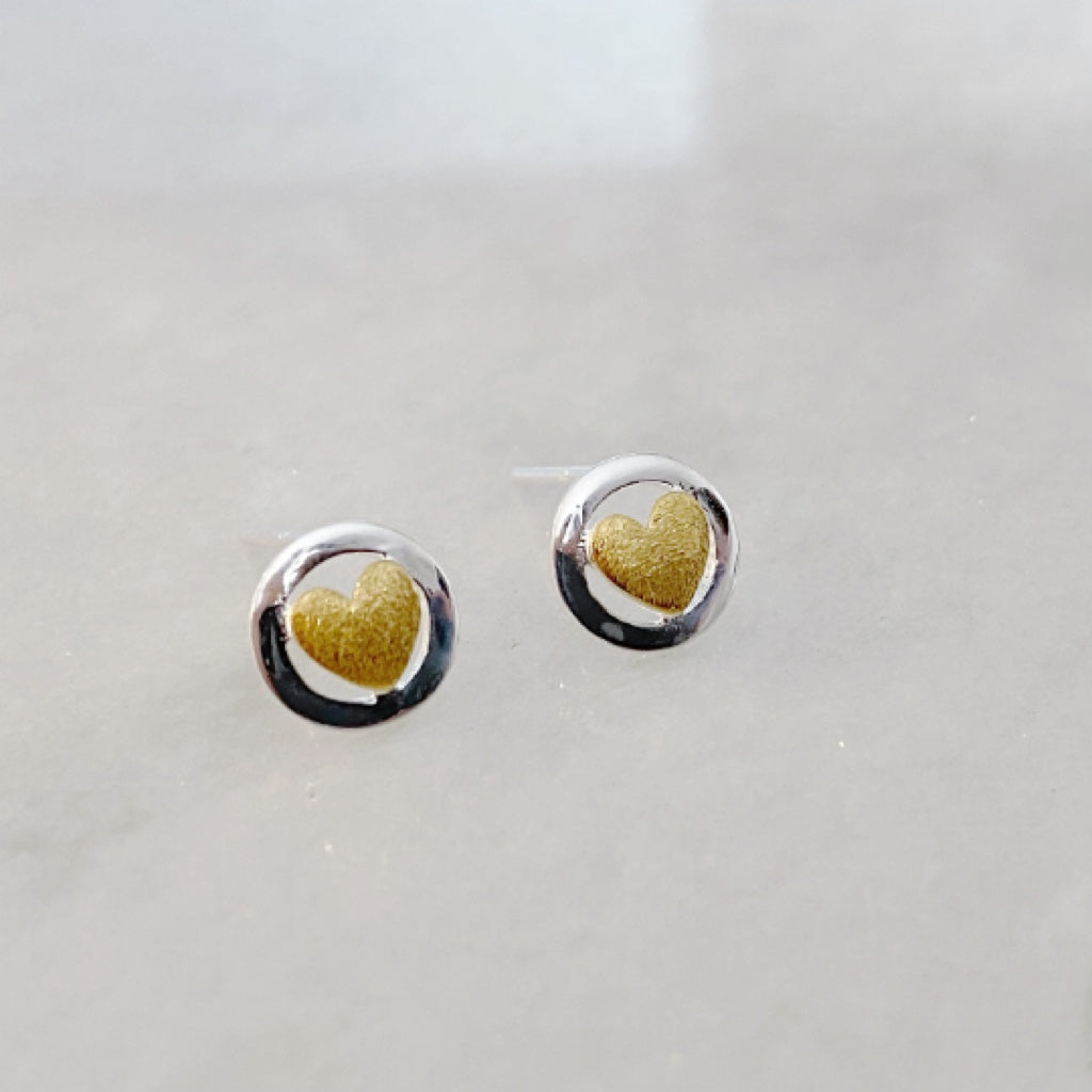 Brushed Gold Heart Earrings | Sterling Silver Hearts Studs