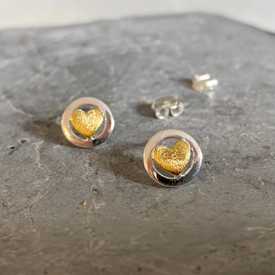 Brushed Gold Heart Earrings | Sterling Silver Hearts Studs