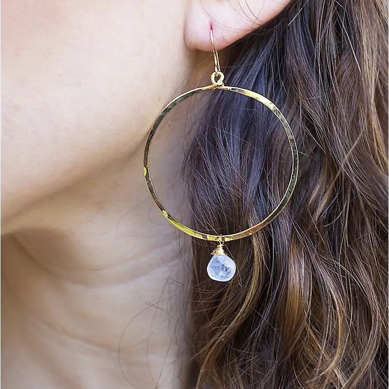 Circle Earrings- Rainbow Moonstone | 14k Gold Vermeil Earrings