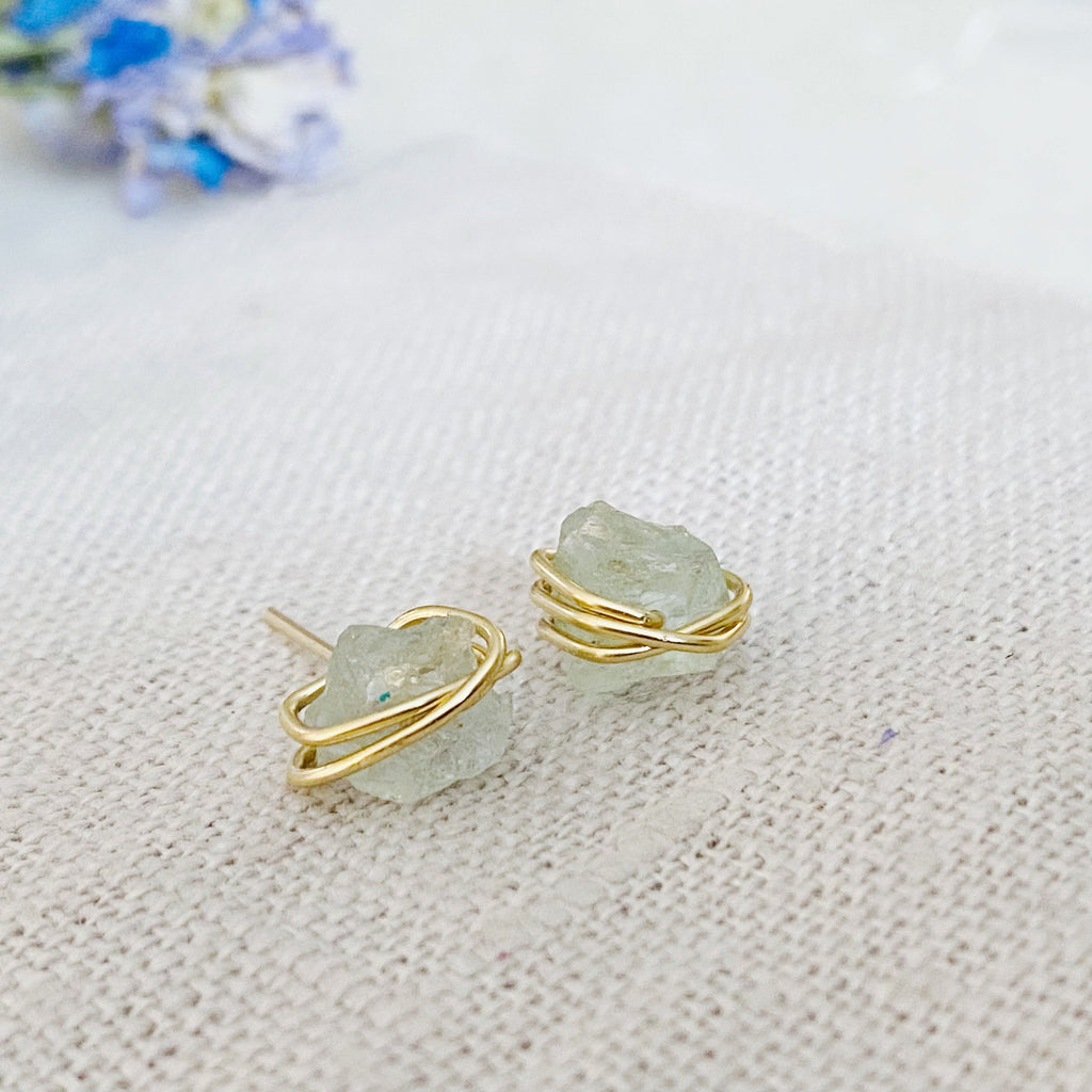 Raw Aquamarine Crystal Studs | Roughcut Crystal Gold Earrings