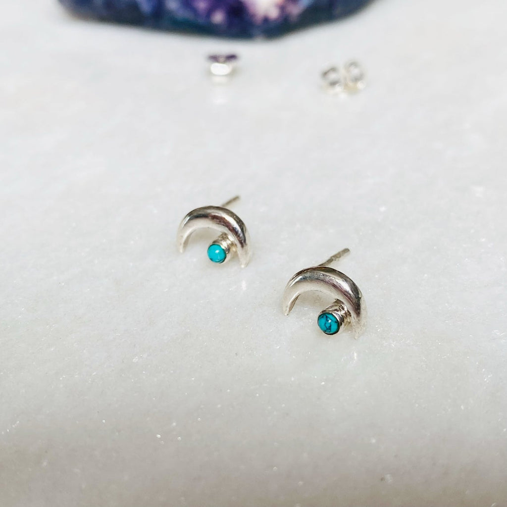 Turquoise Gemstone Moon Crescent Studs | Sterling Silver Studs