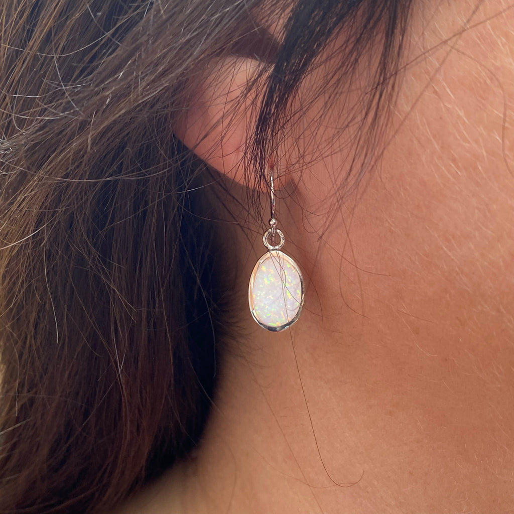 Irregular Shaped White Opal Drops | Sterling Silver Earrings