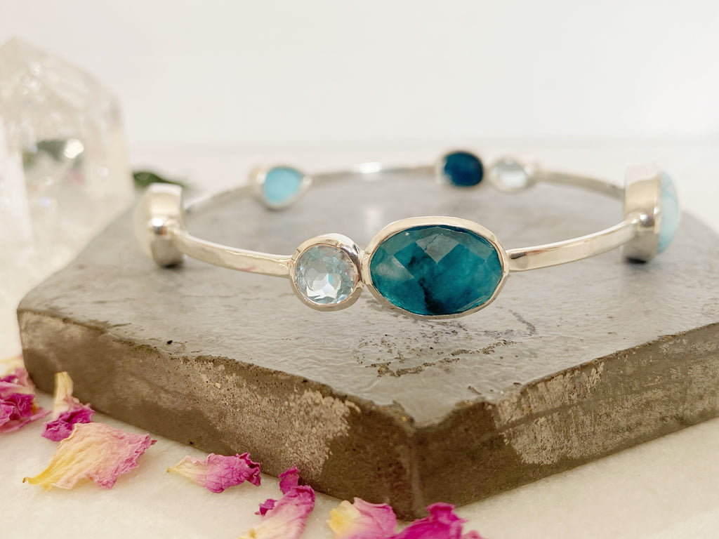 Cayo- Larimar and Topaz Gemstone Sterling Siver Bangle