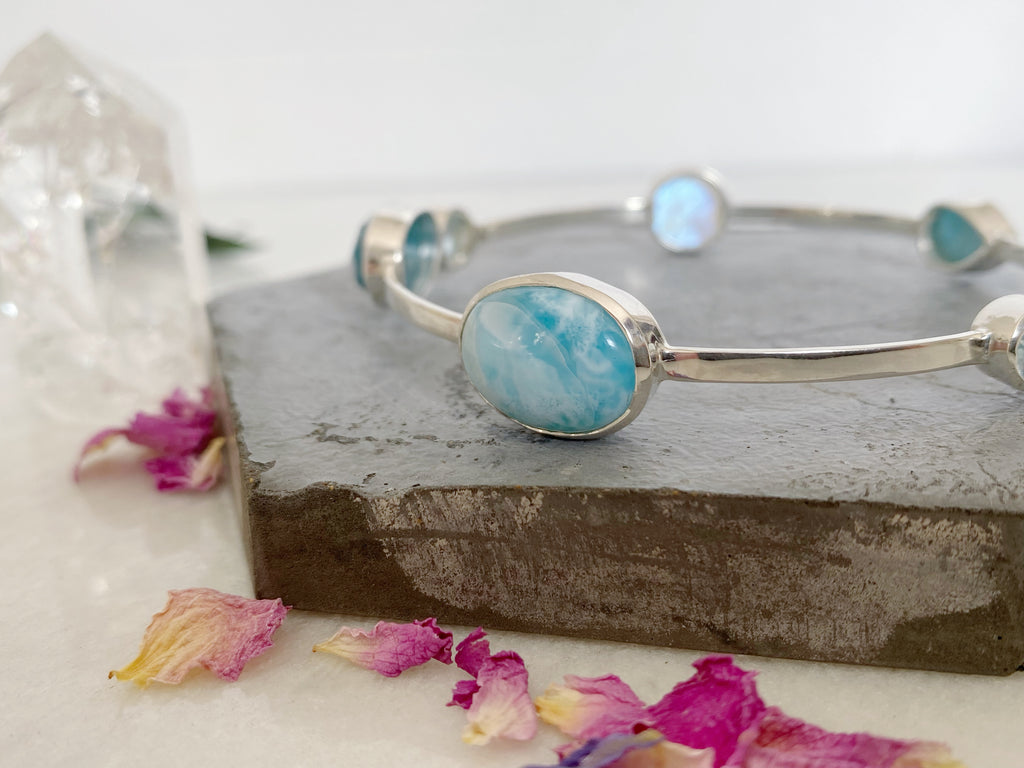 Cayo- Larimar and Topaz Gemstone Sterling Siver Bangle