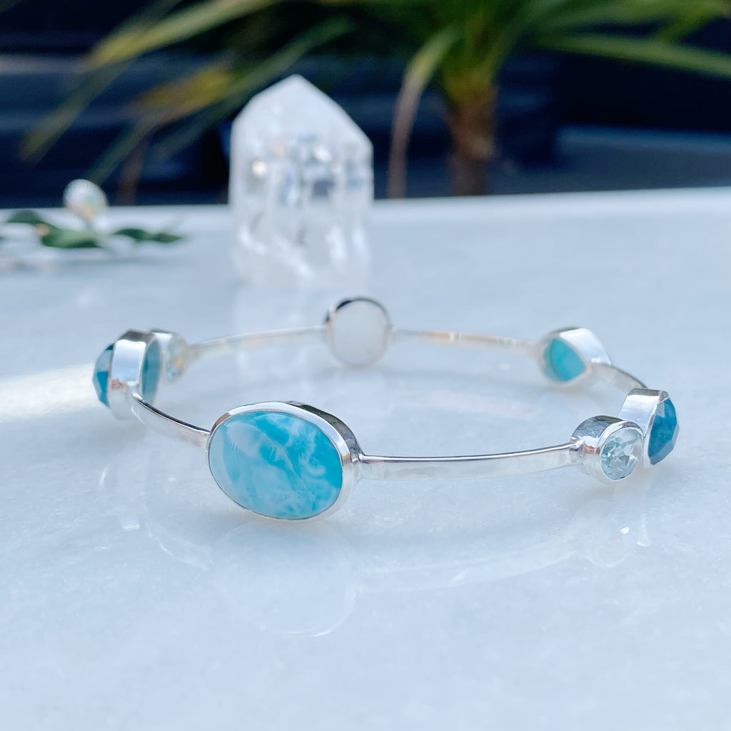 Cayo- Larimar and Topaz Gemstone Sterling Siver Bangle