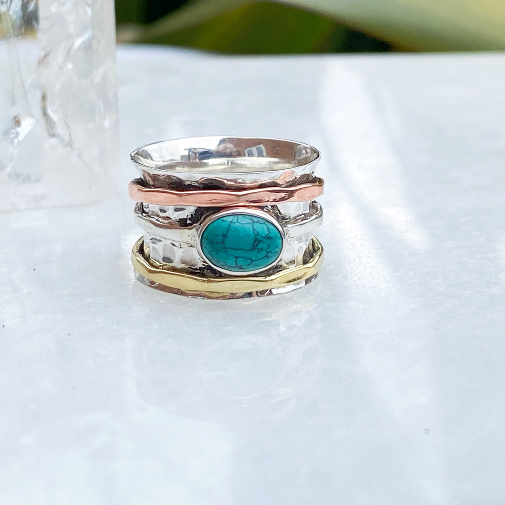 Natural Turquoise Mixed Metal Spinner Ring | Sterling Silver Spin Ring
