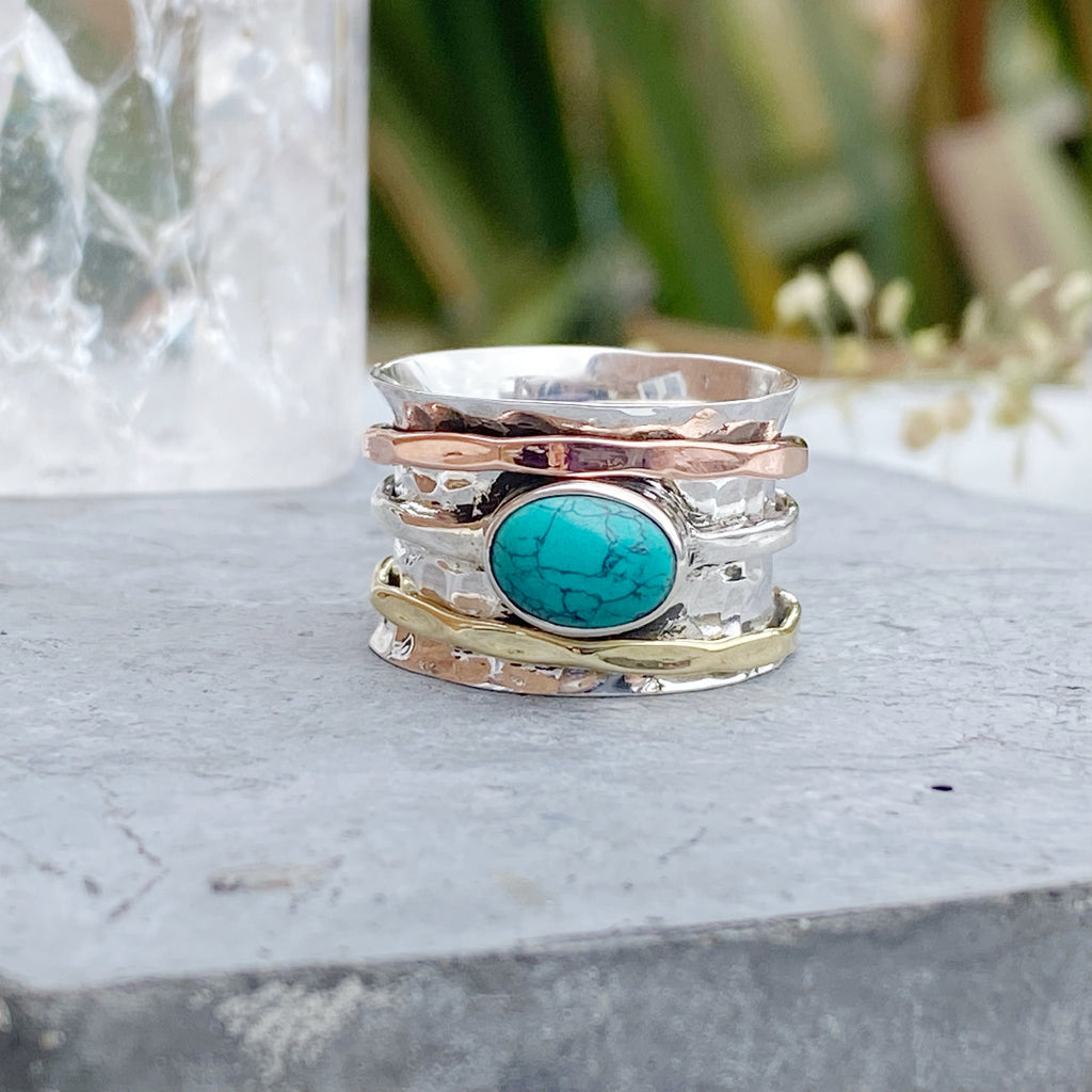 Natural Turquoise Mixed Metal Spinner Ring | Sterling Silver Spin Ring